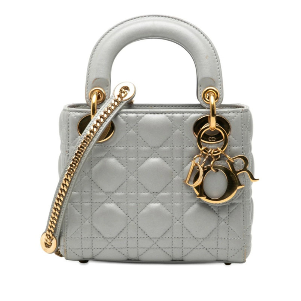 Dior Cannage Lady Chain Shoulder Bag Handbag Gray Leather